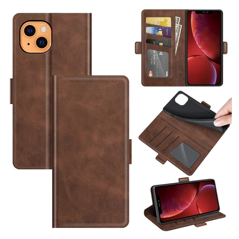 PU Leather Full Protection Wallet Cover Stand Case with Magnetic Double Clasp for iPhone 13 6.1-inch - Coffee