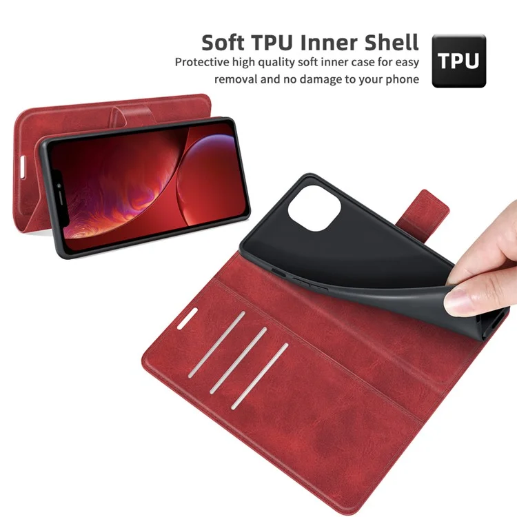 Folio Flip Magnetic Square Clasp Leather Case Protector with Wallet Stand for iPhone 13 6.1 inch - Red