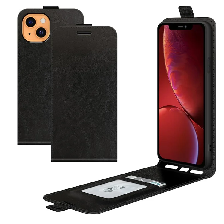 Crazy Horse Texture Vertical Flip Telepeta Tarjeta Ranura Case de Cuero Para Iphone 13 6.1 Pulgadas - Negro