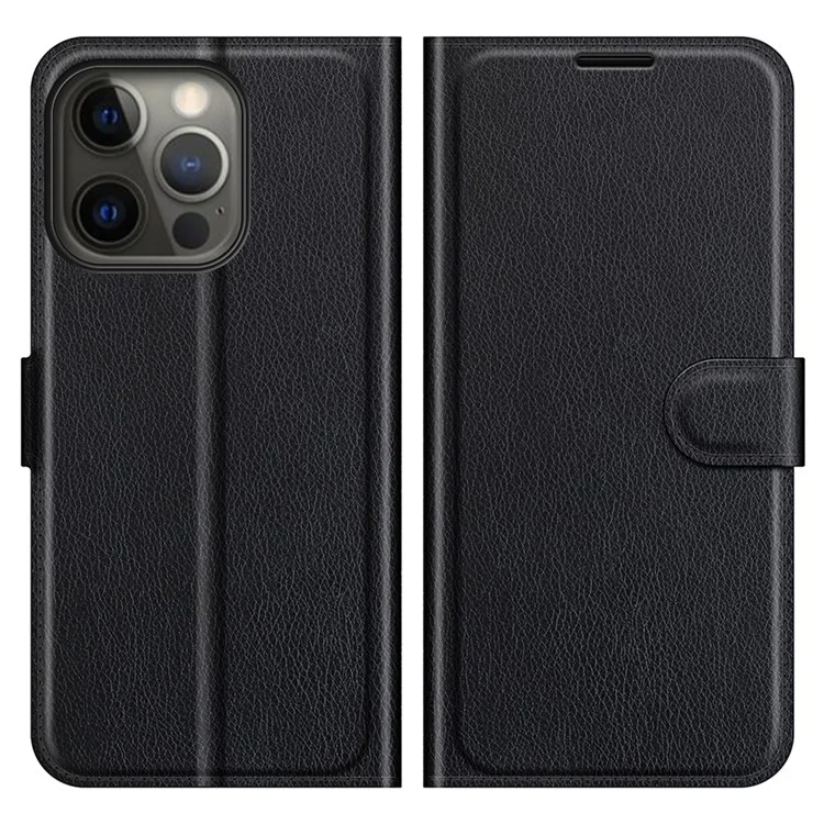 Litchi Textura Cartera Diseño de Soporte Folio Flip Estuche de Piel de PU para iPhone 13 Pro Max 6.7 pulgadas - Negro 