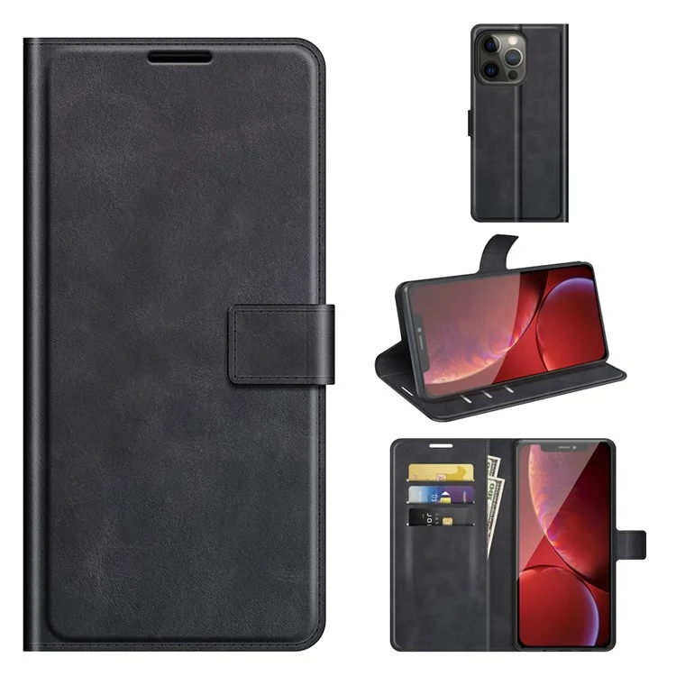 PU Leather Phone Case for iPhone 13 Pro 6.1 inch TPU + PU Leather Folio Flip Wallet Stand Magnetic Buckle Design - Black