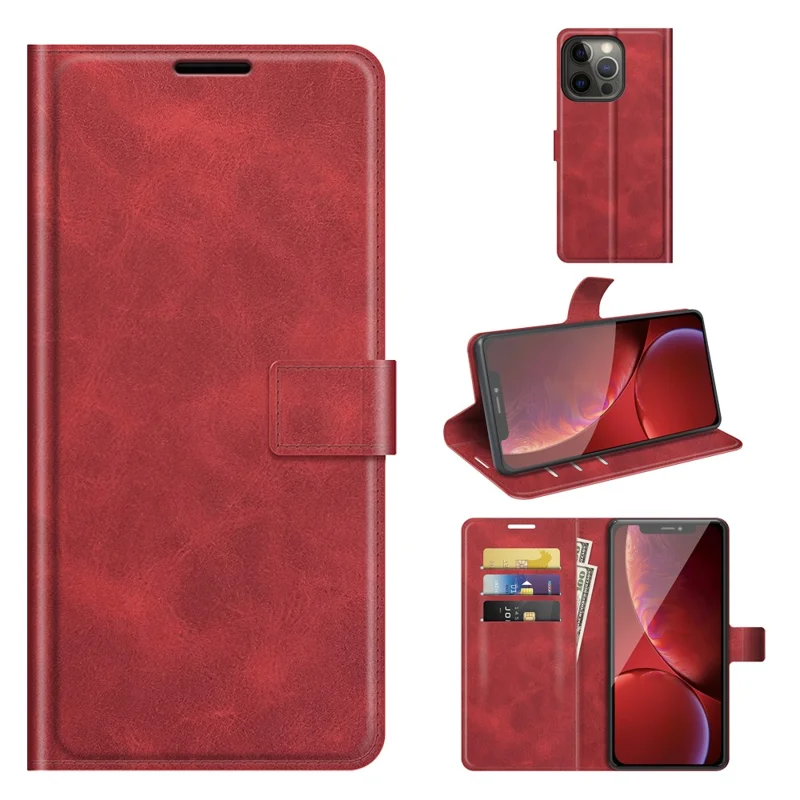 PU Leather Phone Case for iPhone 13 Pro 6.1 inch TPU + PU Leather Folio Flip Wallet Stand Magnetic Buckle Design - Red