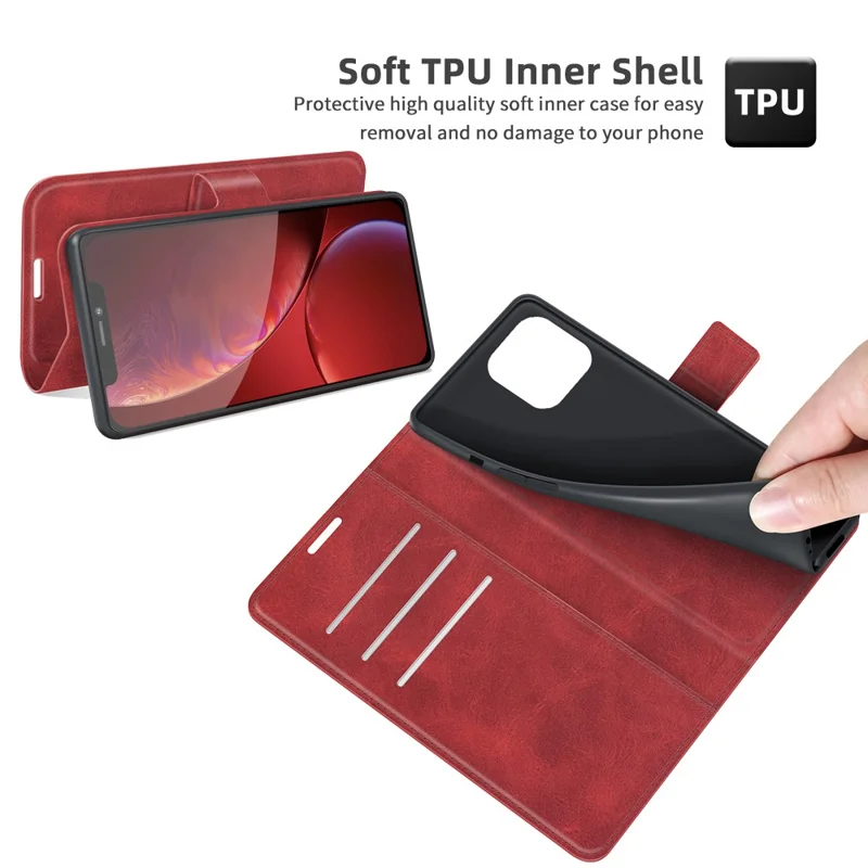 PU Leather Phone Case for iPhone 13 Pro 6.1 inch TPU + PU Leather Folio Flip Wallet Stand Magnetic Buckle Design - Red