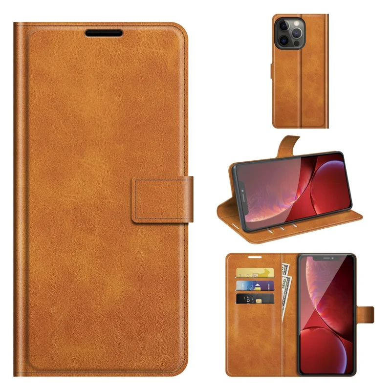 PU Leather Phone Case for iPhone 13 Pro 6.1 inch TPU + PU Leather Folio Flip Wallet Stand Magnetic Buckle Design - Orange
