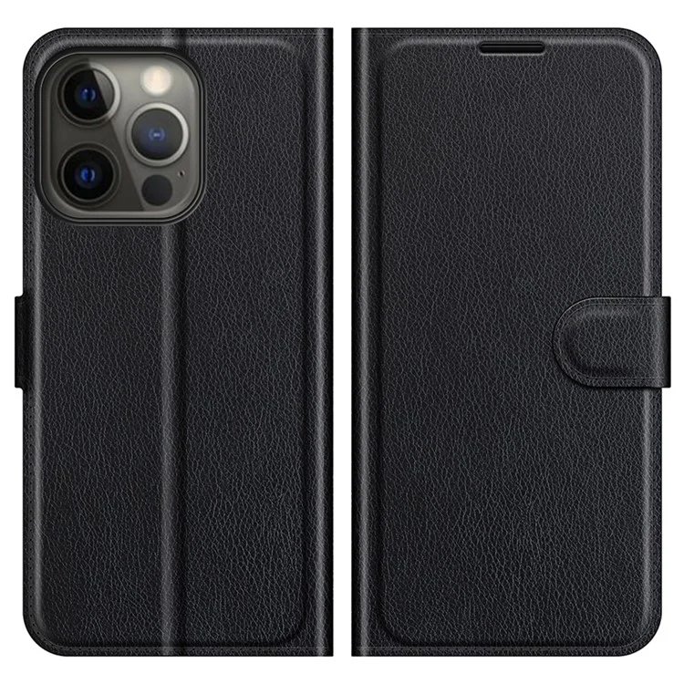 Litchi Skin en Cuir en Cuir Boîtier de Couverture de Téléphone Mobile Bien Protégé Avec Support Pour Iphone 13 Pro 6,1 Pouces - le Noir