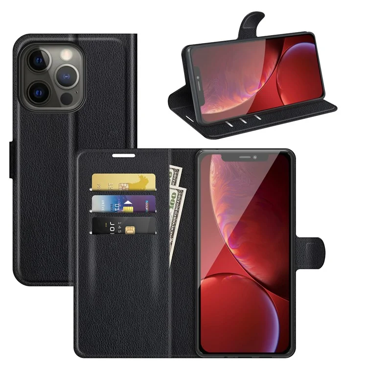 Litchi Skin Leather Wallet Well-protected Mobile Phone Cover Case with Stand for iPhone 13 Pro 6.1 inch - Black