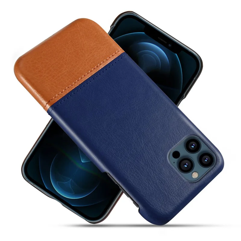 KSQ PU Leather Coated Dual-color Splicing PC Phone Case Cover for iPhone 13 Pro Max 6.7 inch - Blue/Khaki