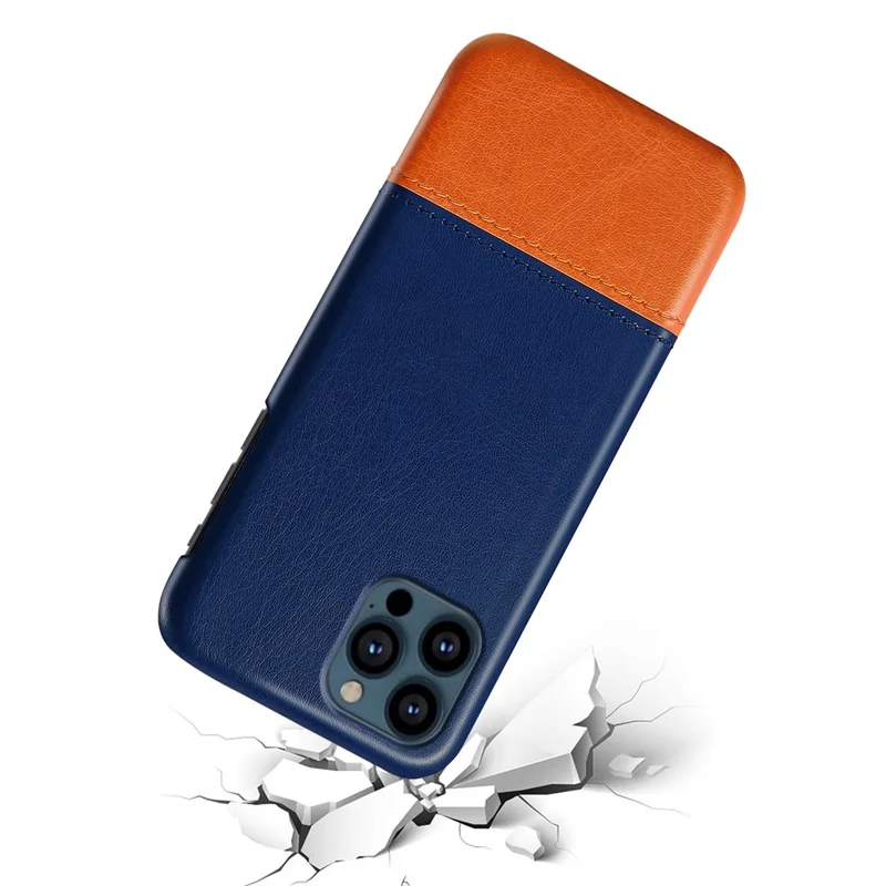 KSQ PU Leather Coated Dual-color Splicing PC Phone Case Cover for iPhone 13 Pro Max 6.7 inch - Blue/Khaki