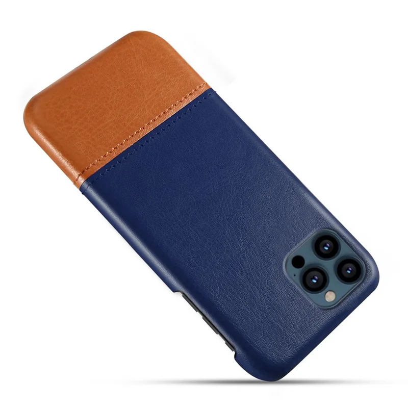 KSQ PU Leather Coated Dual-color Splicing PC Phone Case Cover for iPhone 13 Pro Max 6.7 inch - Blue/Khaki