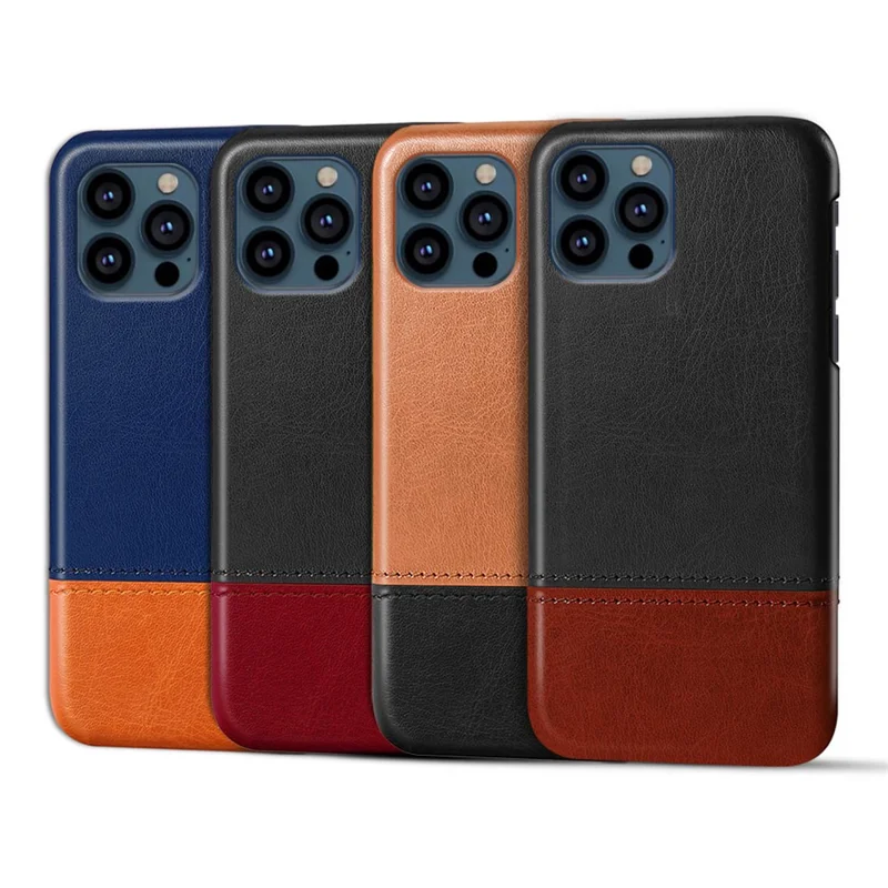 KSQ PU Leather Coated Dual-color Splicing PC Phone Case Cover for iPhone 13 Pro Max 6.7 inch - Blue/Khaki