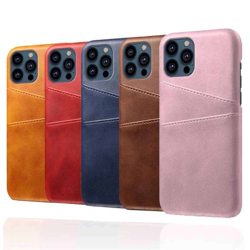 KSQ Leather Coated PC Phone Case for iPhone 13 Pro 6.1 inch, Double Card Slots Ultra Slim Protector Shell  - Rose Gold