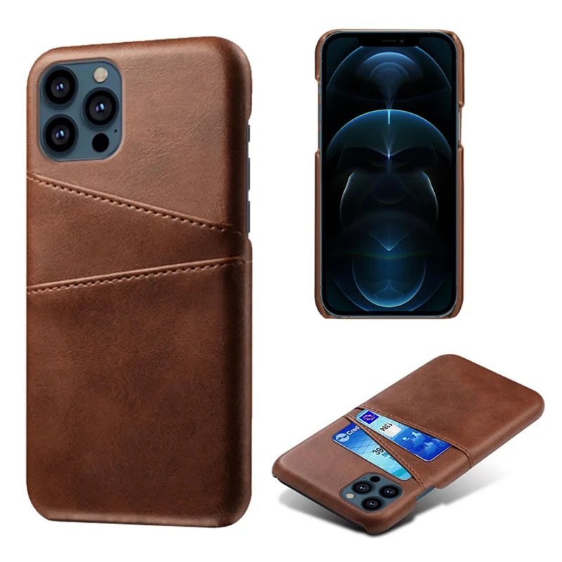 KSQ Leather Coated PC Phone Case for iPhone 13 Pro 6.1 inch, Double Card Slots Ultra Slim Protector Shell  - Brown