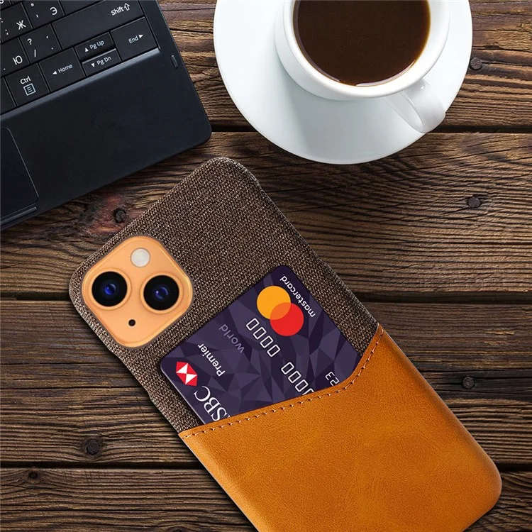 KSQ Shock-Proof Hybrid Phone Case Cloth Texture Cover with Single Card Slot for iPhone 13 mini 5.4 inch - Brown
