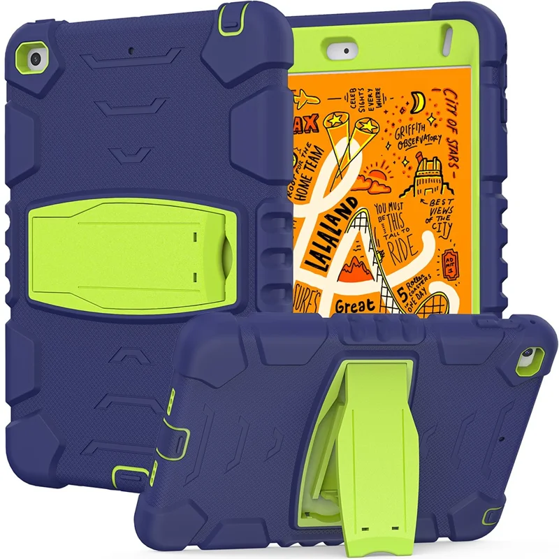 King Kong Series Heavy Duty Shock-Resistant Rugged Hybrid Case Cover with Built-in Kickstand for iPad mini 4 / iPad mini 5 (2019) 7.9 inch - Navy Blue/Lime