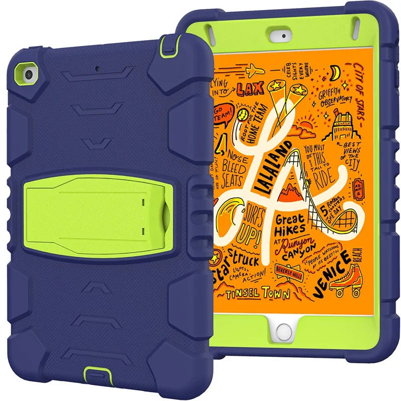 King Kong Series Heavy Duty Shock-Resistant Rugged Hybrid Case Cover with Built-in Kickstand for iPad mini 4 / iPad mini 5 (2019) 7.9 inch - Navy Blue/Lime