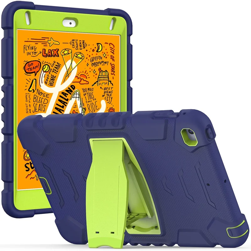 King Kong Series Heavy Duty Shock-Resistant Rugged Hybrid Case Cover with Built-in Kickstand for iPad mini 4 / iPad mini 5 (2019) 7.9 inch - Navy Blue/Lime