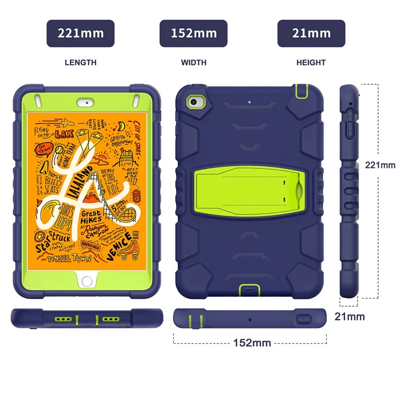 King Kong Series Heavy Duty Shock-Resistant Rugged Hybrid Case Cover with Built-in Kickstand for iPad mini 4 / iPad mini 5 (2019) 7.9 inch - Navy Blue/Lime