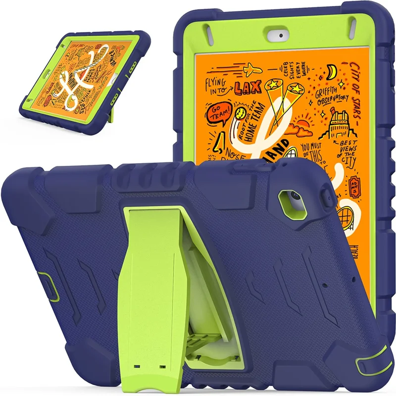 King Kong Series Heavy Duty Shock-Resistant Rugged Hybrid Case Cover with Built-in Kickstand for iPad mini 4 / iPad mini 5 (2019) 7.9 inch - Navy Blue/Lime