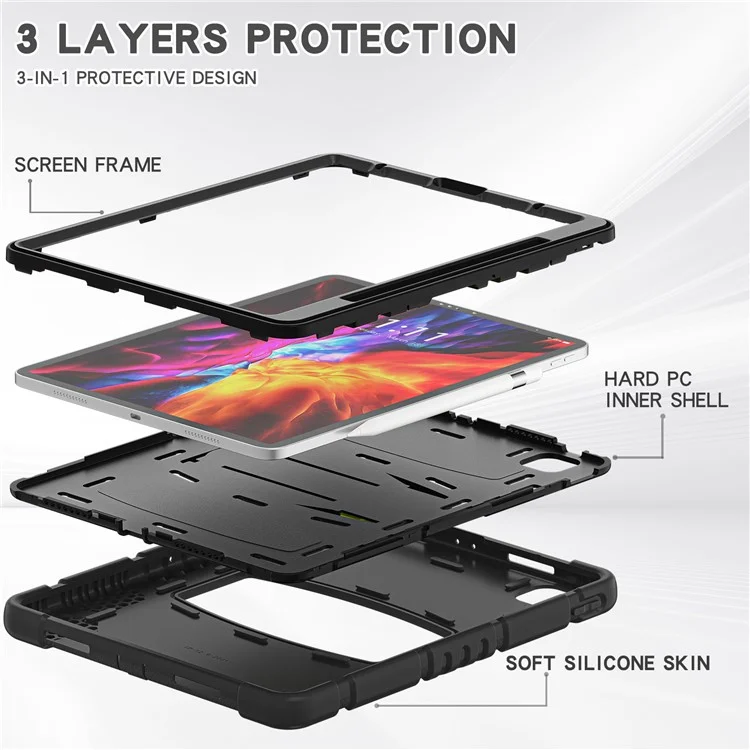 King Kong Series Shockproof 3 Layers Full Body Protection Cover with Magnetic Pencil Holder for iPad Pro 12.9 (2022) / (2021) / (2020) / (2018) - Black