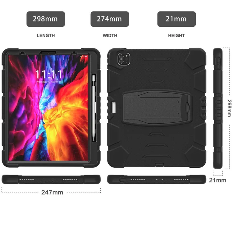 King Kong Series Stroproof à 3 Couches Full Body Protection Cover Avec Support de Crayon Magnétique Pour Ipad Pro 12,9 Pouces (2020) / (2018) - le Noir