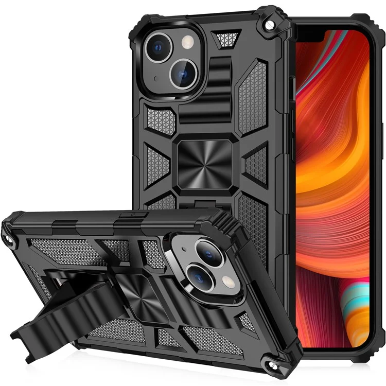 PC TPU Combo Armor Shockproof Phone Case with Kickstand and Magnetic Metal Sheet for iPhone 13 6.1 inch - Black