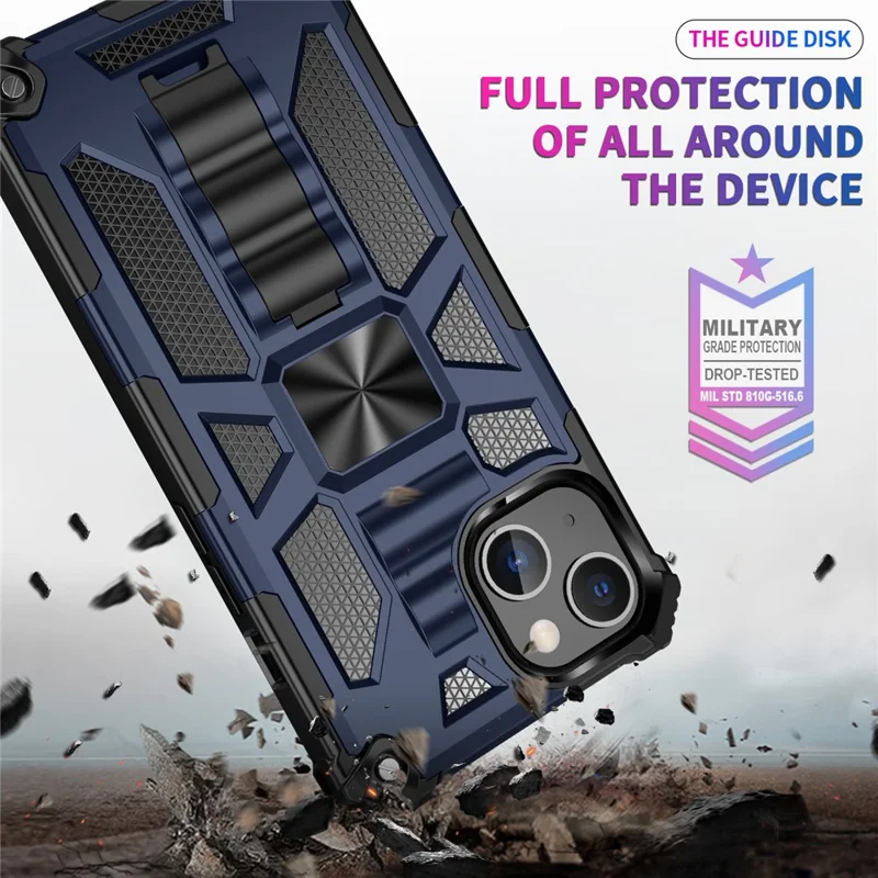 Magnetic Metal Sheet Design Armor PC TPU Combo Anti-drop Phone Case with Kickstand for iPhone 13 Pro 6.1 inch - Blue