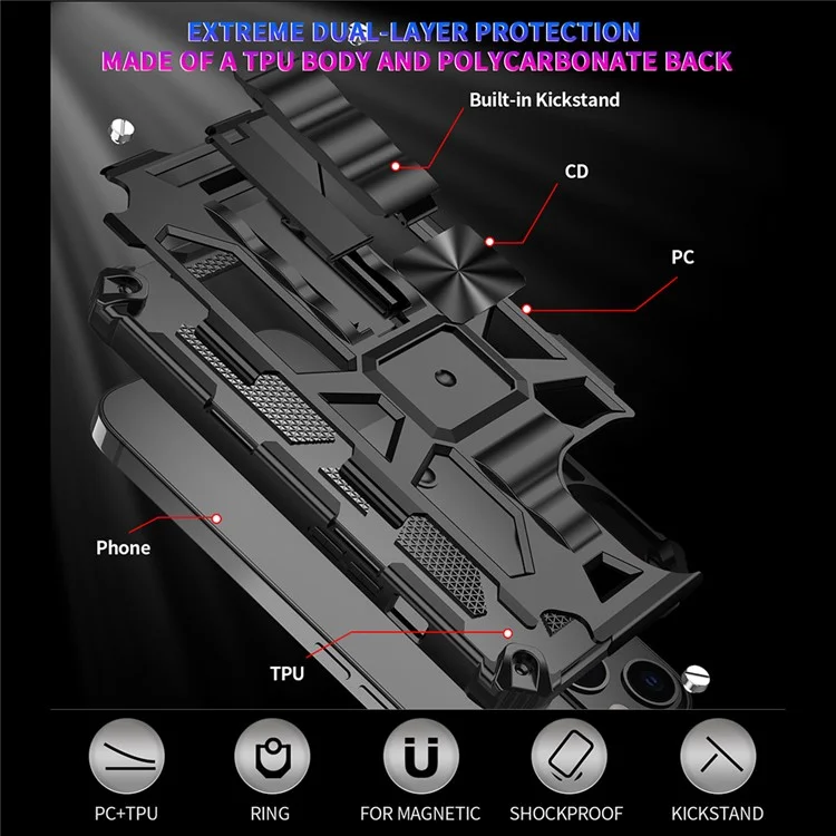 Military Grade Drop Tested Heavy Duty Shockproof Protective Armor Kickstand Phone Case Built-in Magnetic Car Mount for 	iPhone 13 mini 5.4 inch - Black