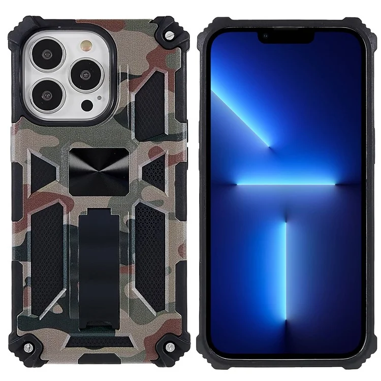 Camouflage Pattern Drop-resistant Phone Case Cover with Kickstand Magnetic Sheet for iPhone 13 Pro Max 6.7 inch - Army Green