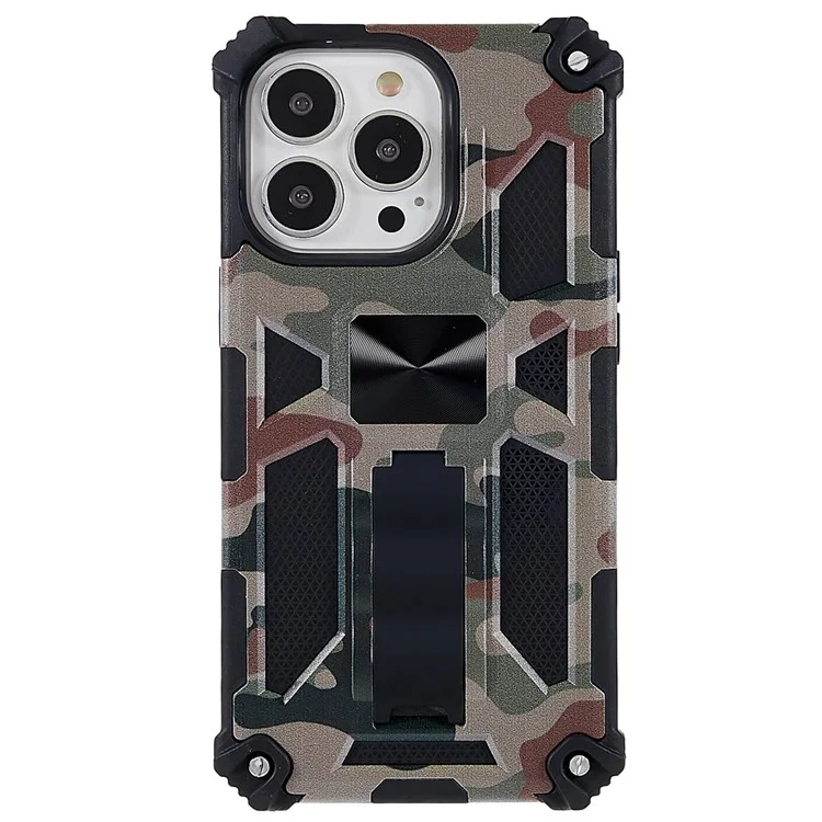 Camouflage Pattern Drop-resistant Phone Case Cover with Kickstand Magnetic Sheet for iPhone 13 Pro Max 6.7 inch - Army Green