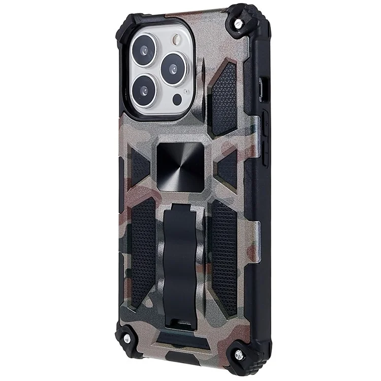 Camouflage Pattern Drop-resistant Phone Case Cover with Kickstand Magnetic Sheet for iPhone 13 Pro Max 6.7 inch - Army Green