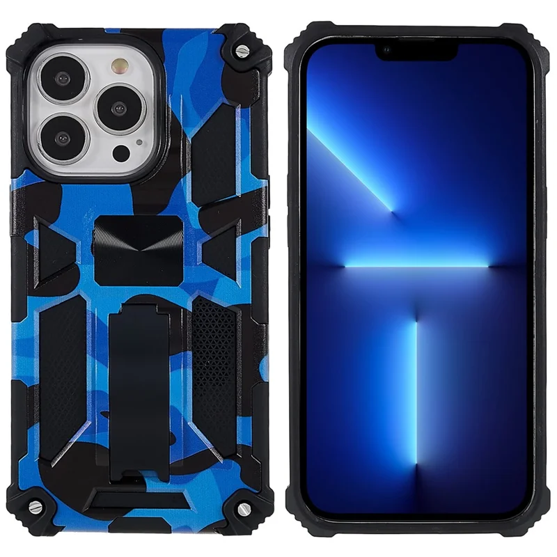 Camouflage Pattern Drop-resistant Phone Case Cover with Kickstand Magnetic Sheet for iPhone 13 Pro Max 6.7 inch - Dark Blue