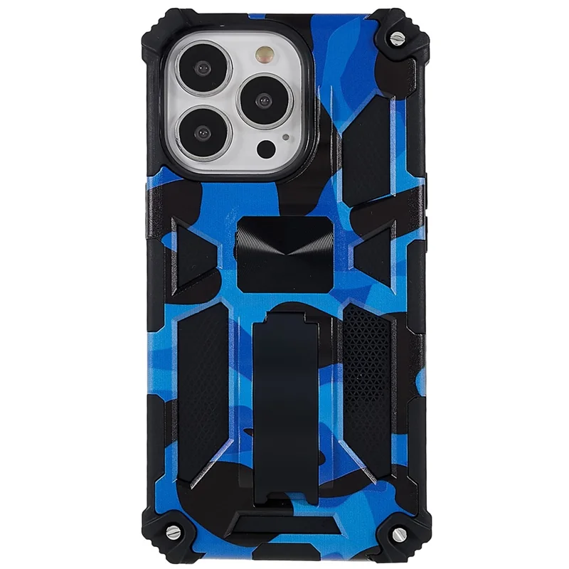 Camouflage Pattern Drop-resistant Phone Case Cover with Kickstand Magnetic Sheet for iPhone 13 Pro Max 6.7 inch - Dark Blue