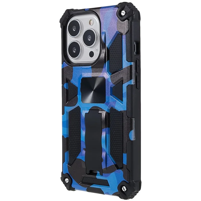 Camouflage Pattern Drop-resistant Phone Case Cover with Kickstand Magnetic Sheet for iPhone 13 Pro Max 6.7 inch - Dark Blue