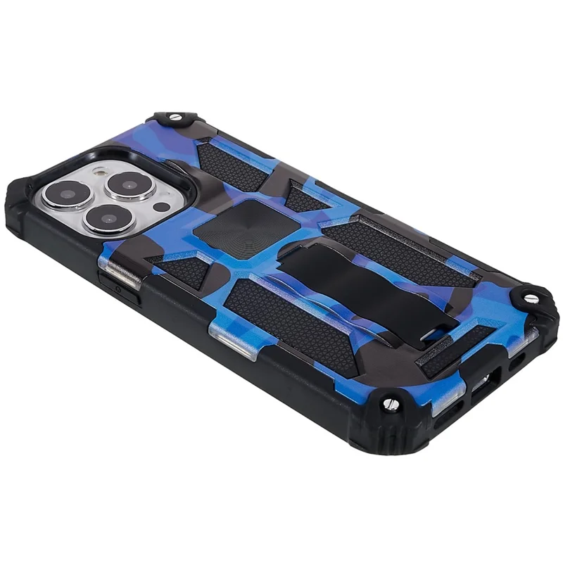 Camouflage Pattern Drop-resistant Phone Case Cover with Kickstand Magnetic Sheet for iPhone 13 Pro Max 6.7 inch - Dark Blue