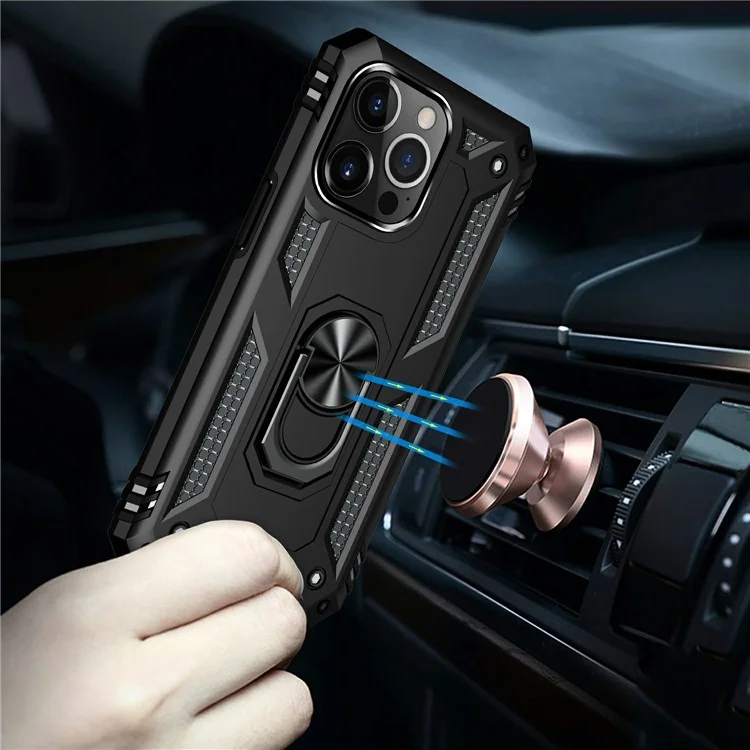 Military Grade PC TPU Shockproof Protection Case for iPhone 13 Pro Max 6.7 inch with Car Mount Rotary Ring Kickstand - Black