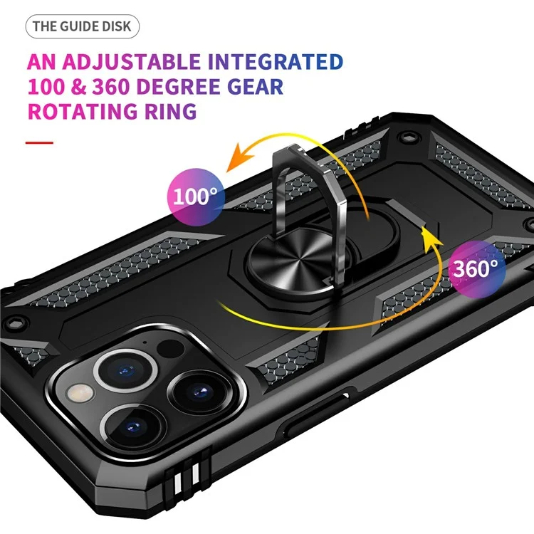 Military Grade PC TPU Shockproof Protection Case for iPhone 13 Pro Max 6.7 inch with Car Mount Rotary Ring Kickstand - Black