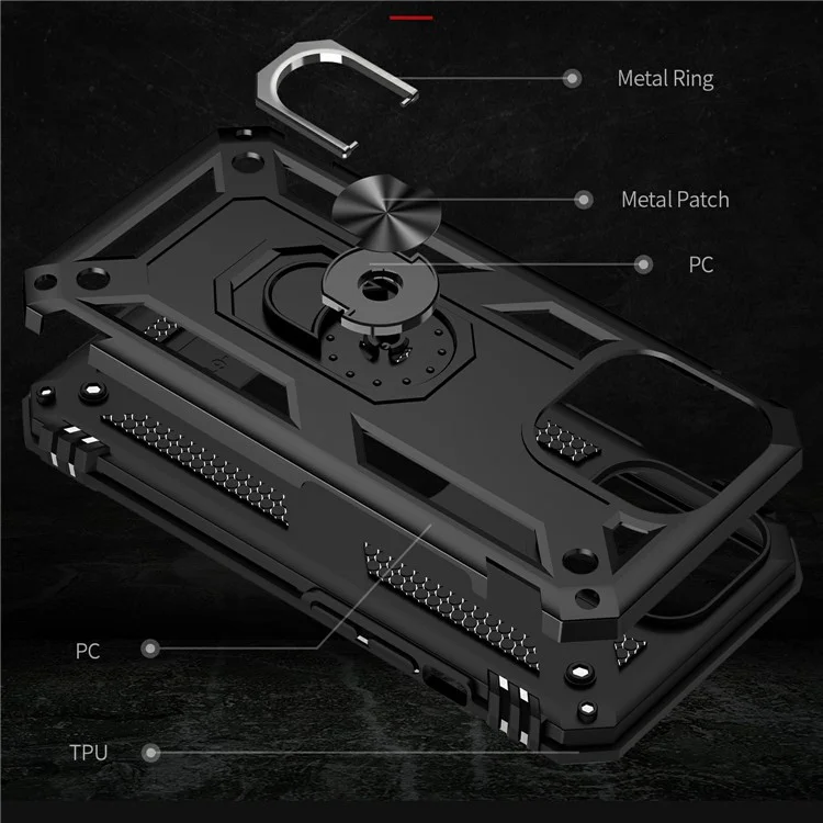 Military Grade PC TPU Shockproof Protection Case for iPhone 13 Pro Max 6.7 inch with Car Mount Rotary Ring Kickstand - Black