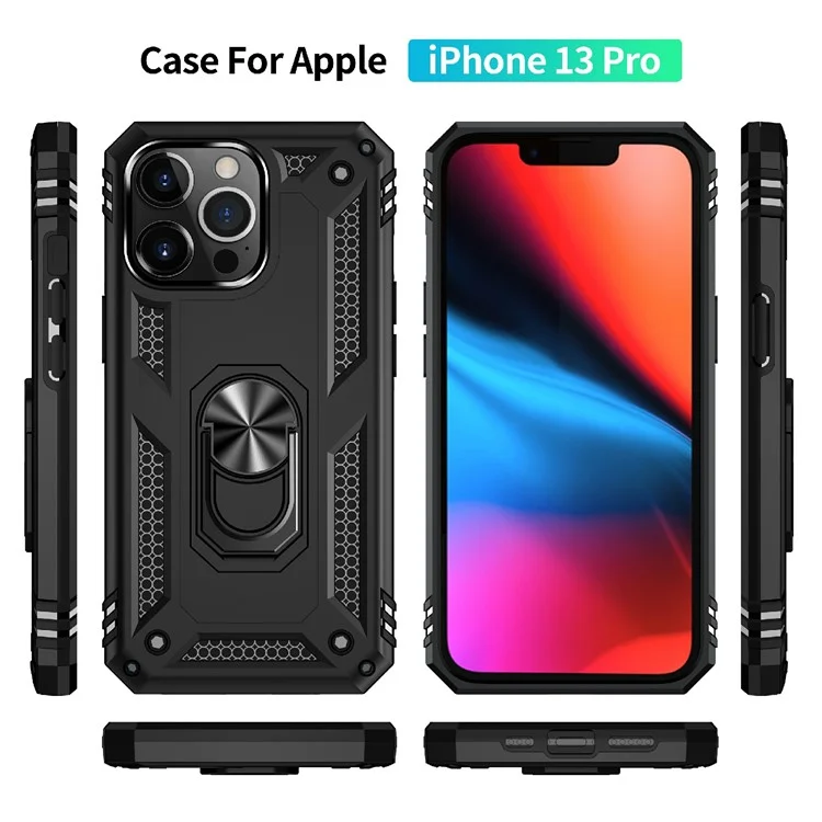 Military Grade PC TPU Shockproof Protection Case for iPhone 13 Pro Max 6.7 inch with Car Mount Rotary Ring Kickstand - Black