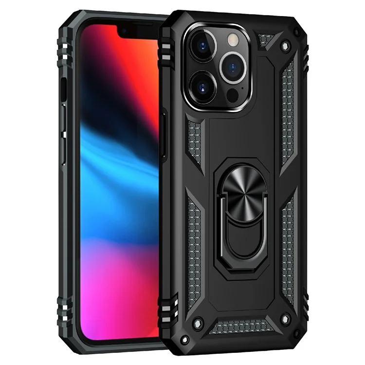 Military Grade PC TPU Shockproof Protection Case for iPhone 13 Pro Max 6.7 inch with Car Mount Rotary Ring Kickstand - Black