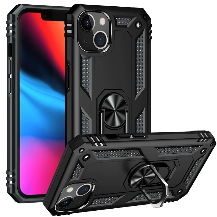 Supporto per Auto Ring Rotante Kickstand Custodia Combo in Grado Militare PC TPU a Prova di Urto per iPhone 13 6.1 pollici - Nero