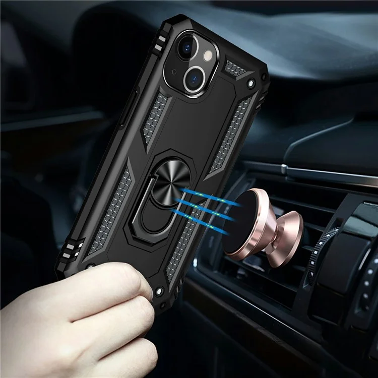 Supporto per Auto Ring Rotante Kickstand Custodia Combo in Grado Militare PC TPU a Prova di Urto per iPhone 13 6.1 pollici - Nero