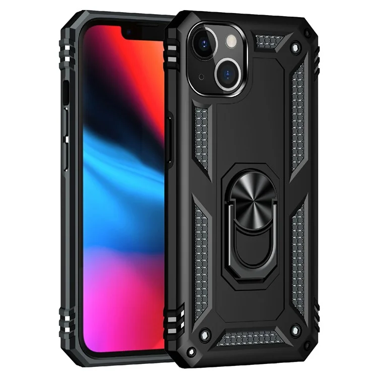 Supporto per Auto Ring Rotante Kickstand Custodia Combo in Grado Militare PC TPU a Prova di Urto per iPhone 13 6.1 pollici - Nero