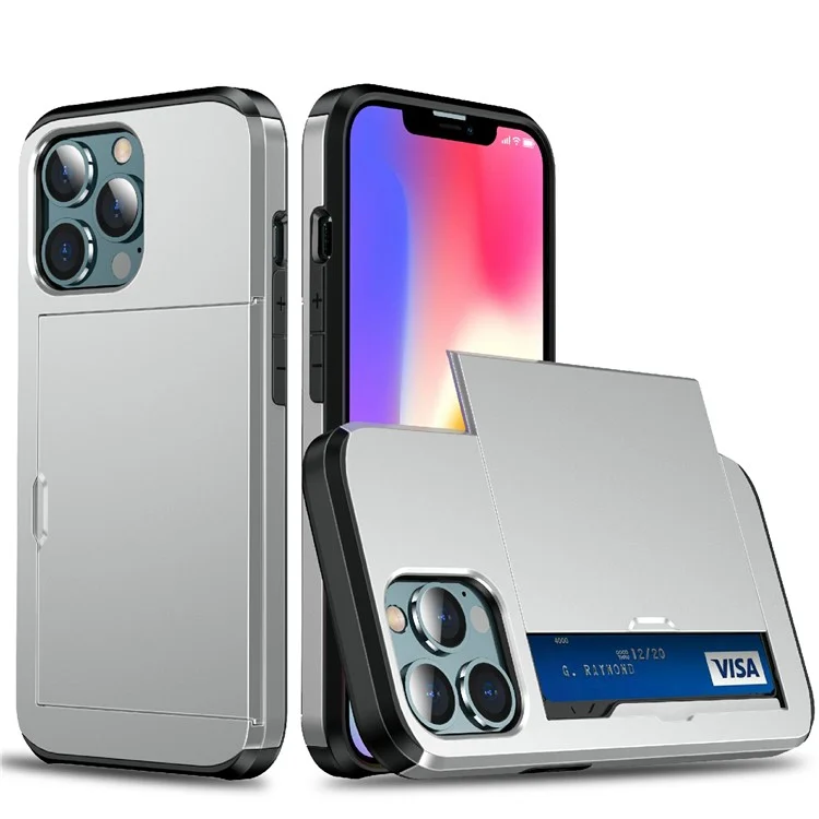 Étui de protection pour téléphone hybride PC + TPU avec support pour carte à glissière résistant aux rayures pour iPhone 13 Pro 6,1 pouces - Gris