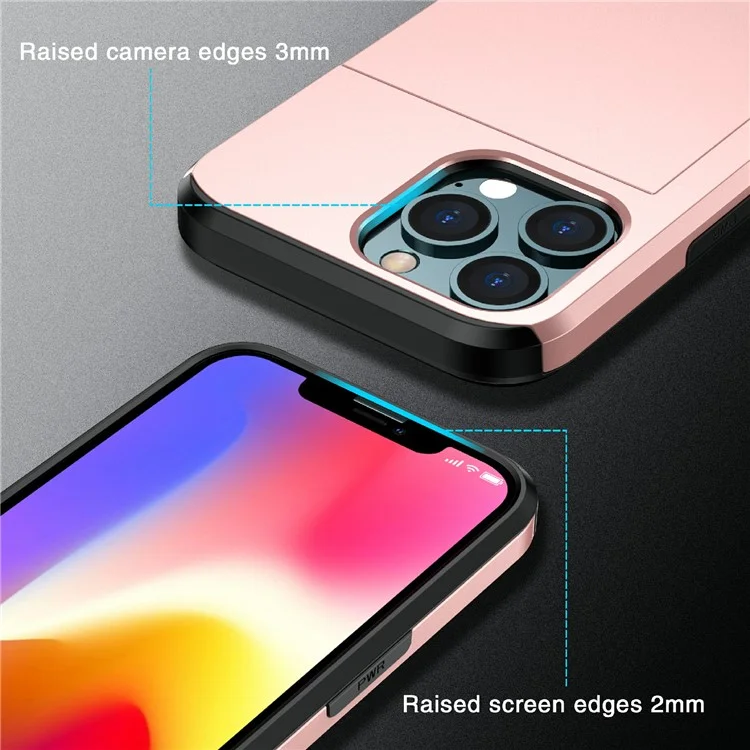 Étui de protection pour téléphone hybride PC + TPU avec support pour carte à glissière résistant aux rayures pour iPhone 13 Pro 6,1 pouces - Gris