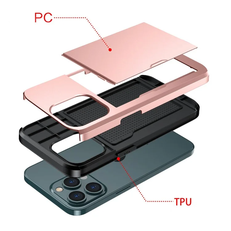 Étui de protection pour téléphone hybride PC + TPU avec support pour carte à glissière résistant aux rayures pour iPhone 13 Pro 6,1 pouces - Gris