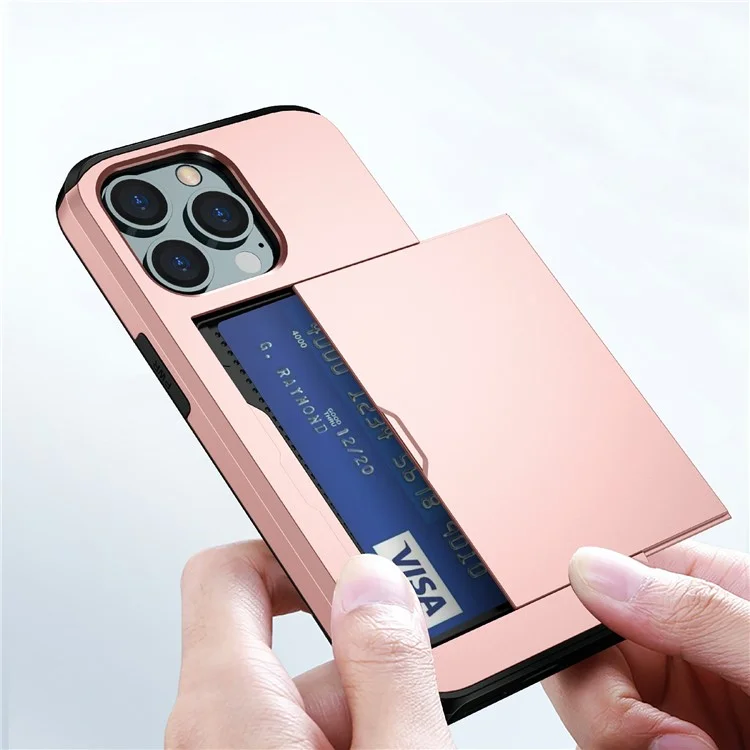 Étui de protection pour téléphone hybride PC + TPU avec support pour carte à glissière résistant aux rayures pour iPhone 13 Pro 6,1 pouces - Gris