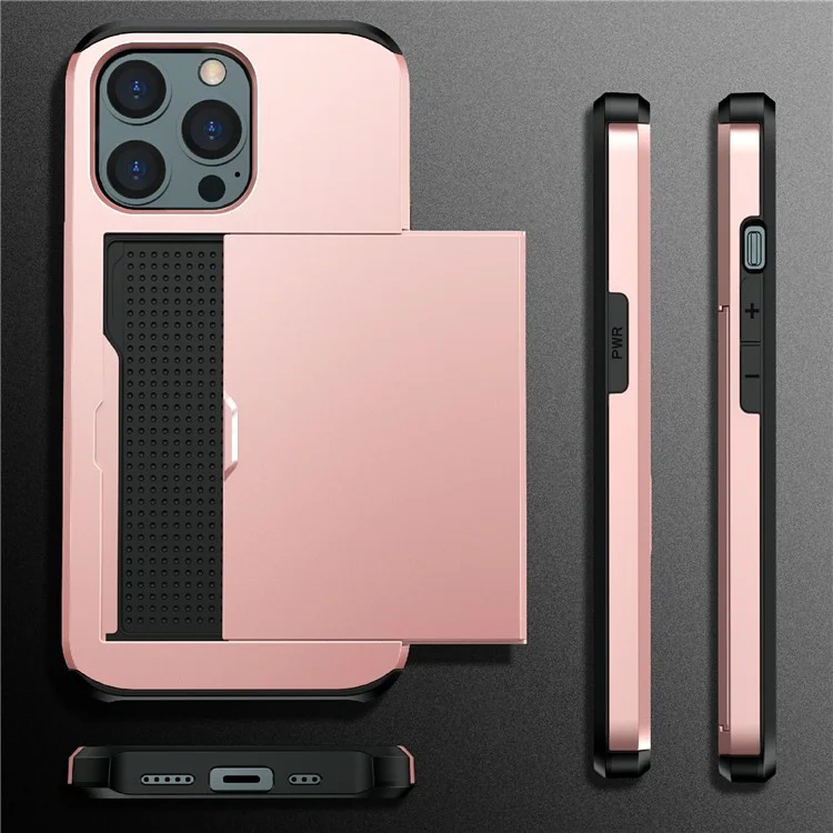 Étui de protection pour téléphone hybride PC + TPU avec support pour carte à glissière résistant aux rayures pour iPhone 13 Pro 6,1 pouces - Gris