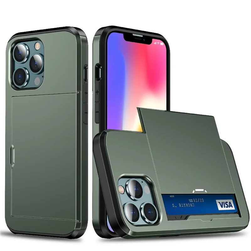 Slide Card Holder Anti-drop protective PC + TPU Hybrid Back Phone Case for iPhone 13 mini 5.4 inch - Dark Green