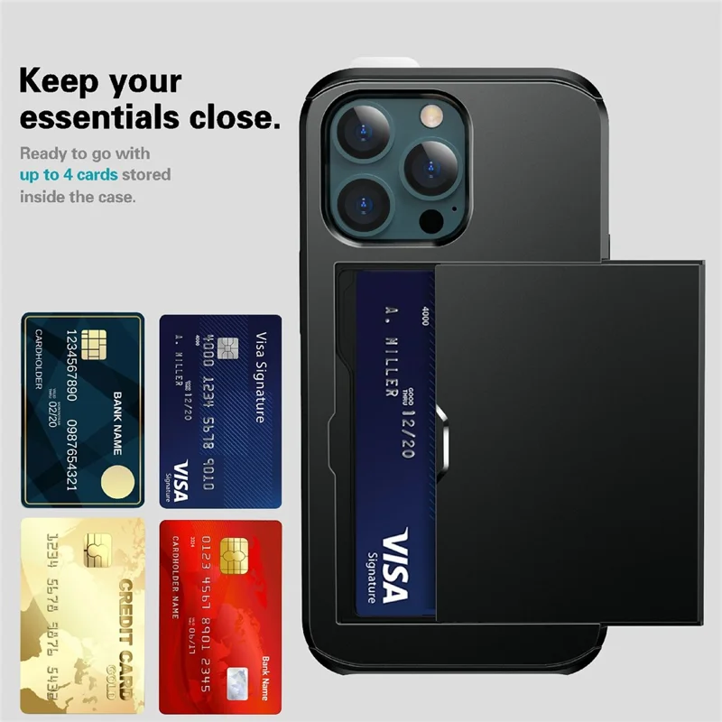 Slide Card Holder Anti-drop protective PC + TPU Hybrid Back Phone Case for iPhone 13 mini 5.4 inch - Dark Green