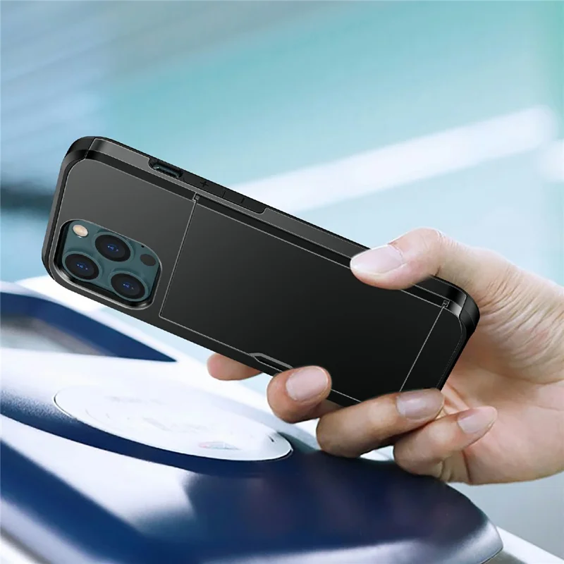 Slide Card Holder Anti-drop protective PC + TPU Hybrid Back Phone Case for iPhone 13 mini 5.4 inch - Dark Green